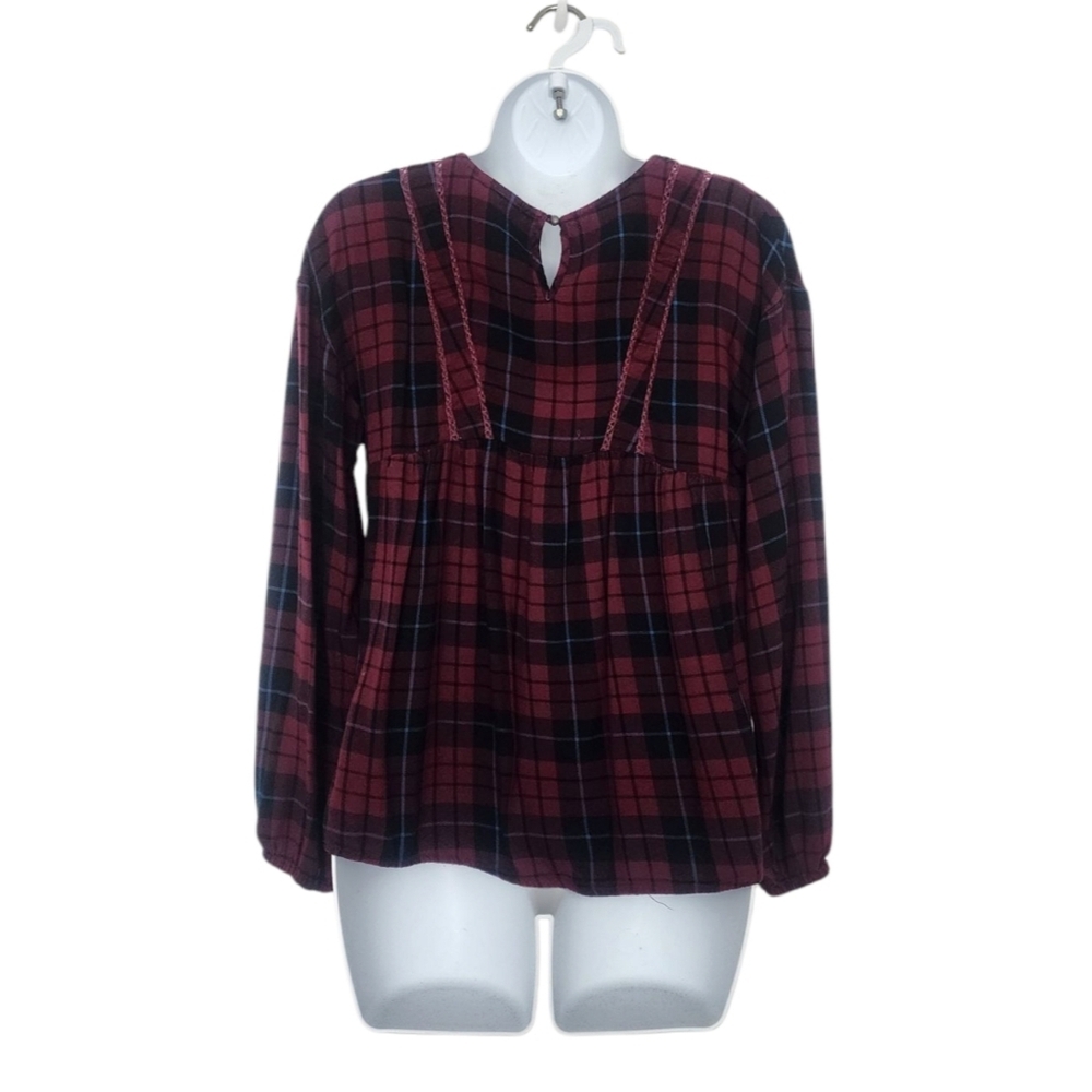 Knox Rose Plaid Peasant Blouse Size Small Plum Long Sleeve V-Neck Crochet Accent